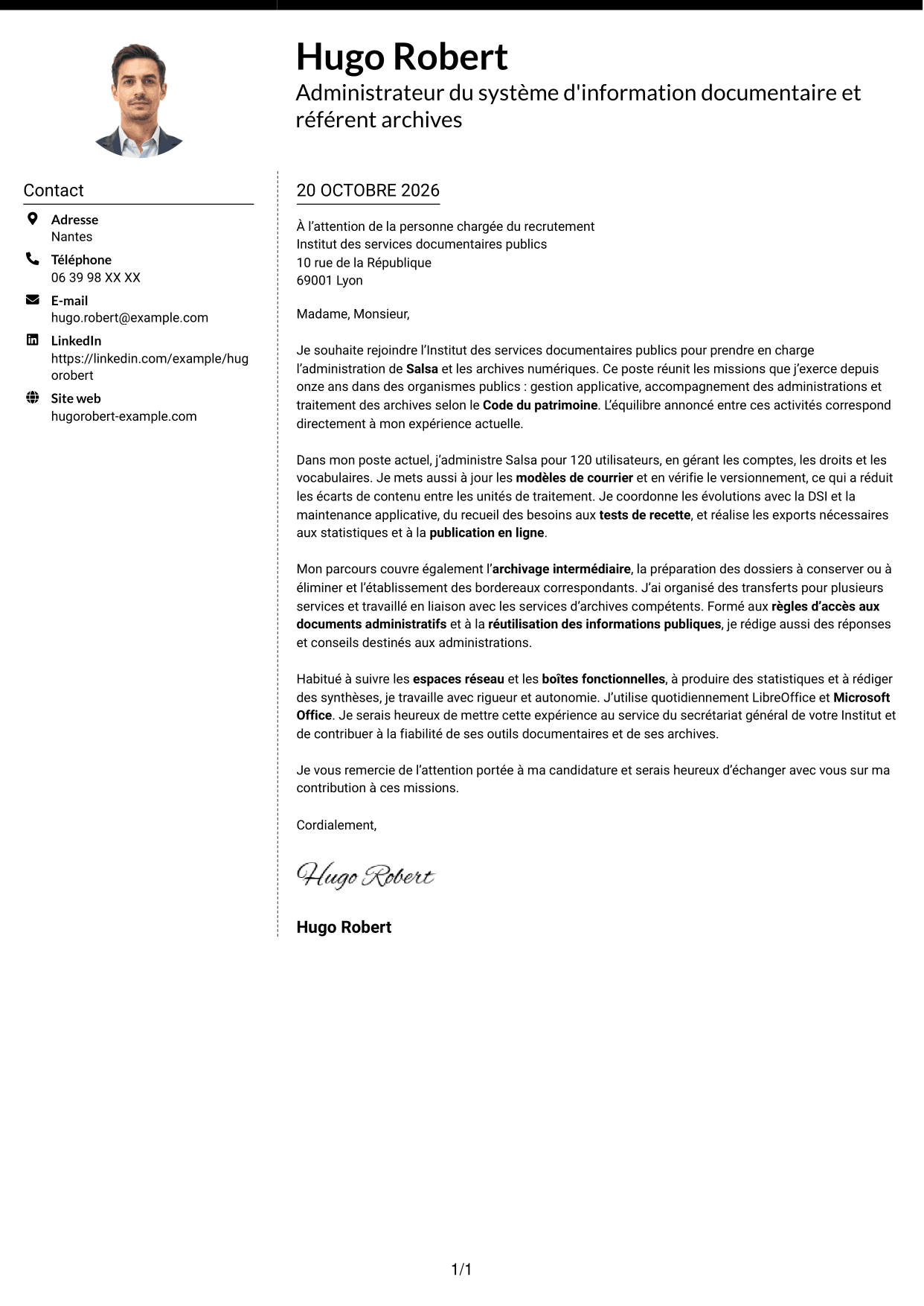 Lettre de motivation Moderne (format à deux colonnes avec photo à gauche et séparateur) : Administrateur du système d'information Salsa et référent archives numériques, page 1