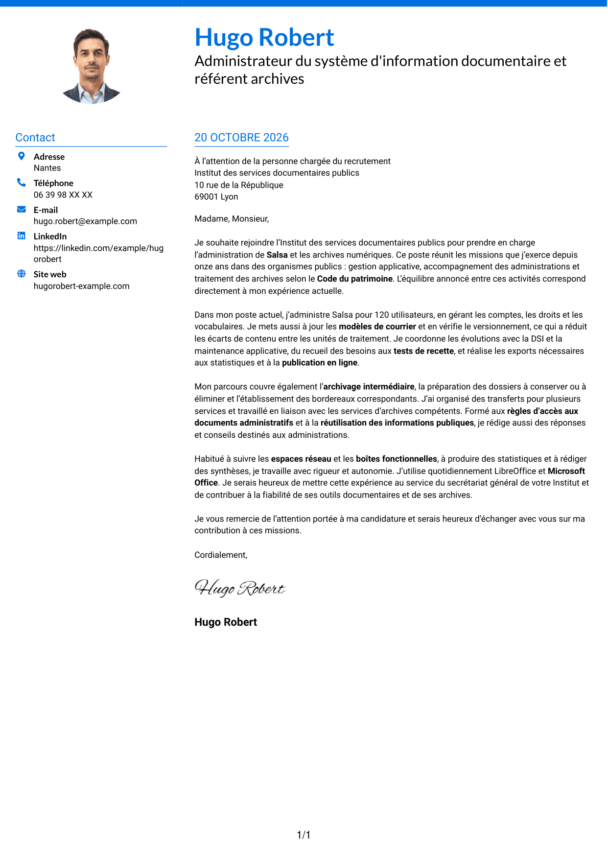 Lettre de motivation Audacieux (format à deux colonnes avec accents colorés et photo) : Administrateur du système d'information Salsa et référent archives numériques, page 1