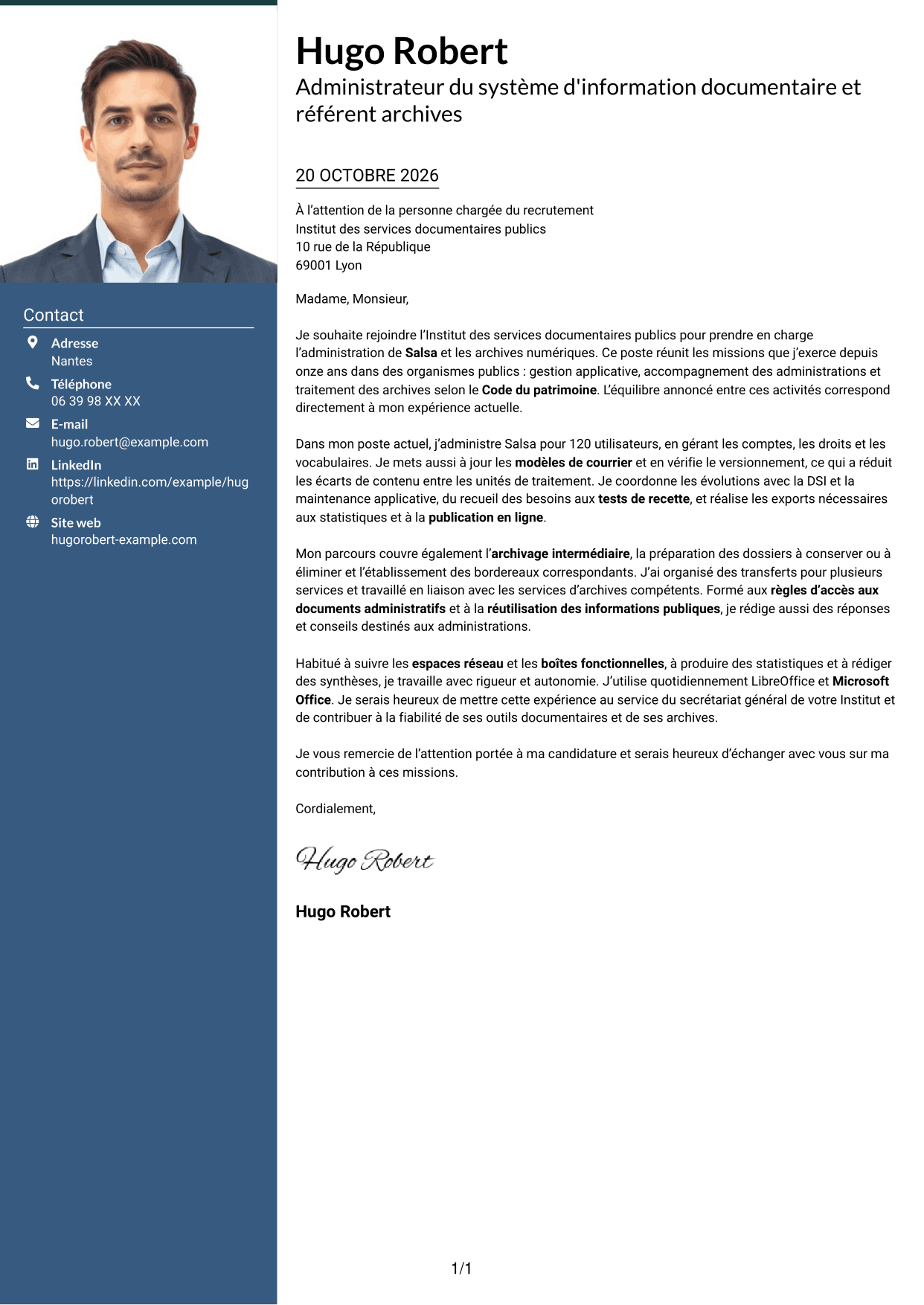 Lettre de motivation Signature (format à colonne latérale colorée avec grande photo) : Administrateur du système d'information Salsa et référent archives numériques, page 1