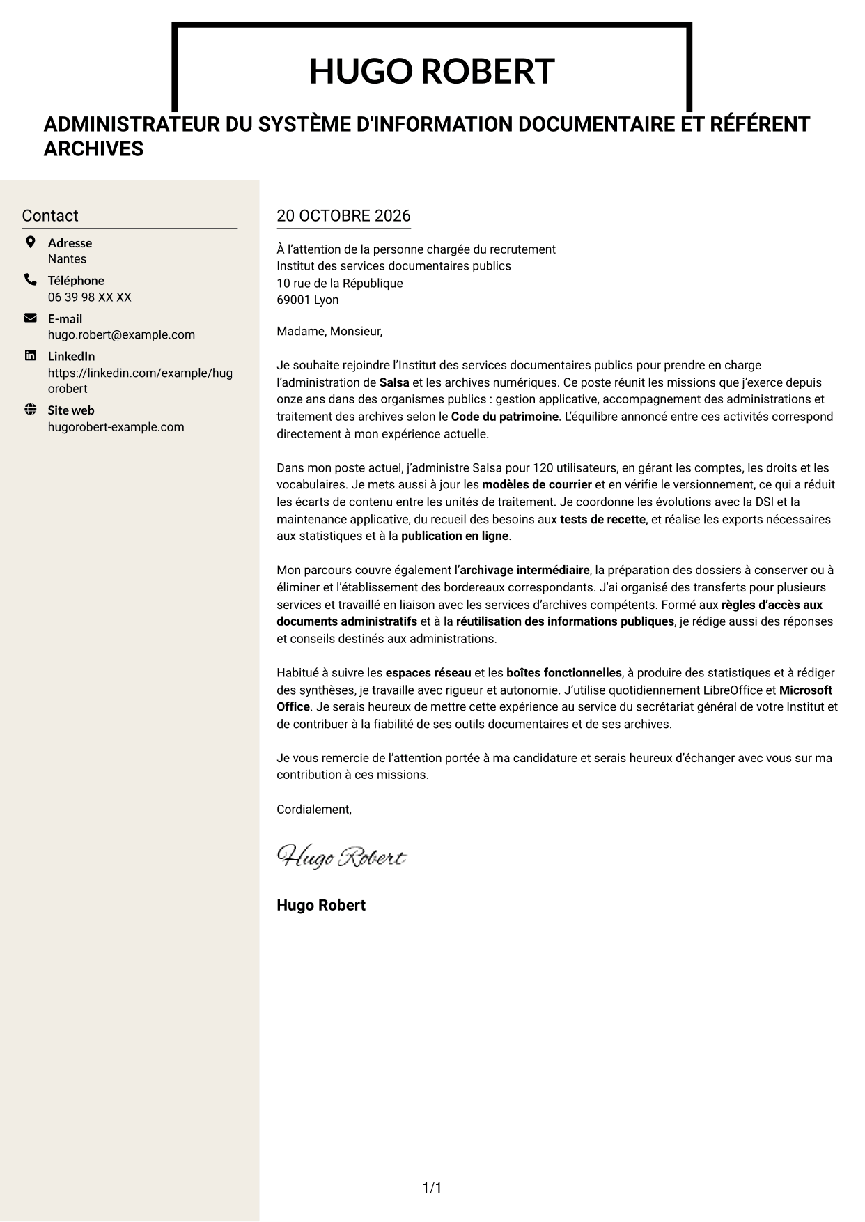 Lettre de motivation Fonceur (format à deux colonnes avec en-tête centré sans photo) : Administrateur du système d'information Salsa et référent archives numériques, page 1