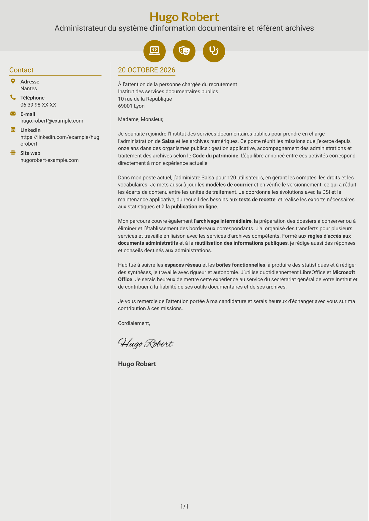 Lettre de motivation Dynamique (format à deux colonnes avec icônes) : Administrateur du système d'information Salsa et référent archives numériques, page 1