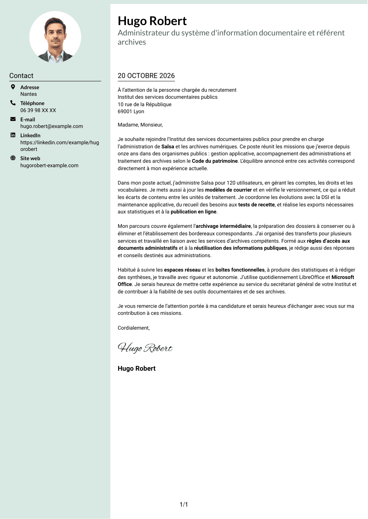 Lettre de motivation Cadre (format à colonne latérale douce avec photo arrondie) : Administrateur du système d'information Salsa et référent archives numériques, page 1