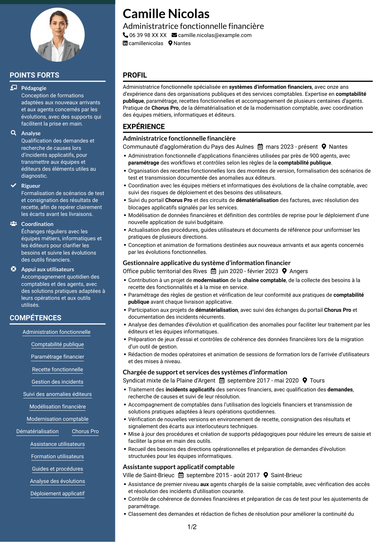 CV Élégant (format à colonne latérale colorée avec photo) : Administrateur fonctionnel - SI financier, page 1
