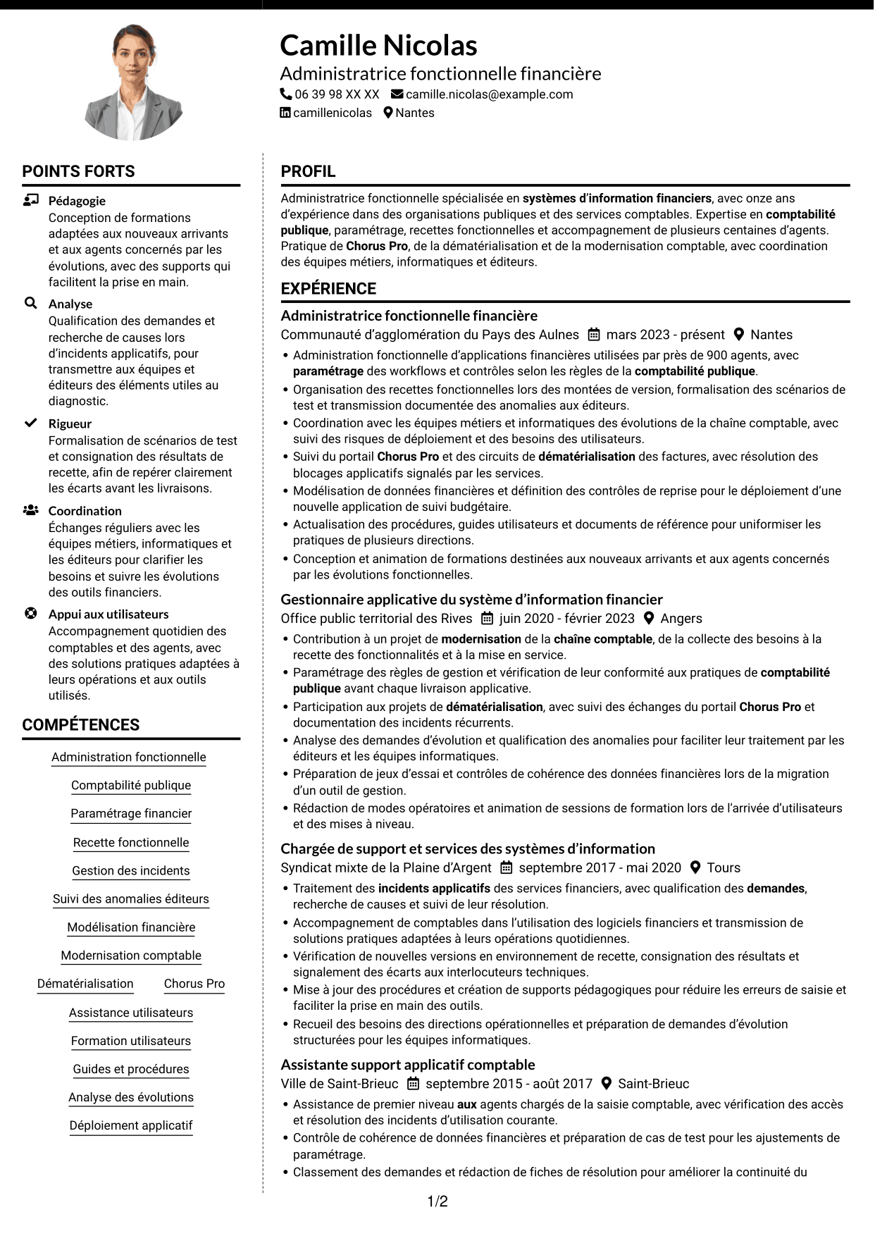 CV Moderne (format à deux colonnes avec photo à gauche et séparateur) : Administrateur fonctionnel - SI financier, page 1