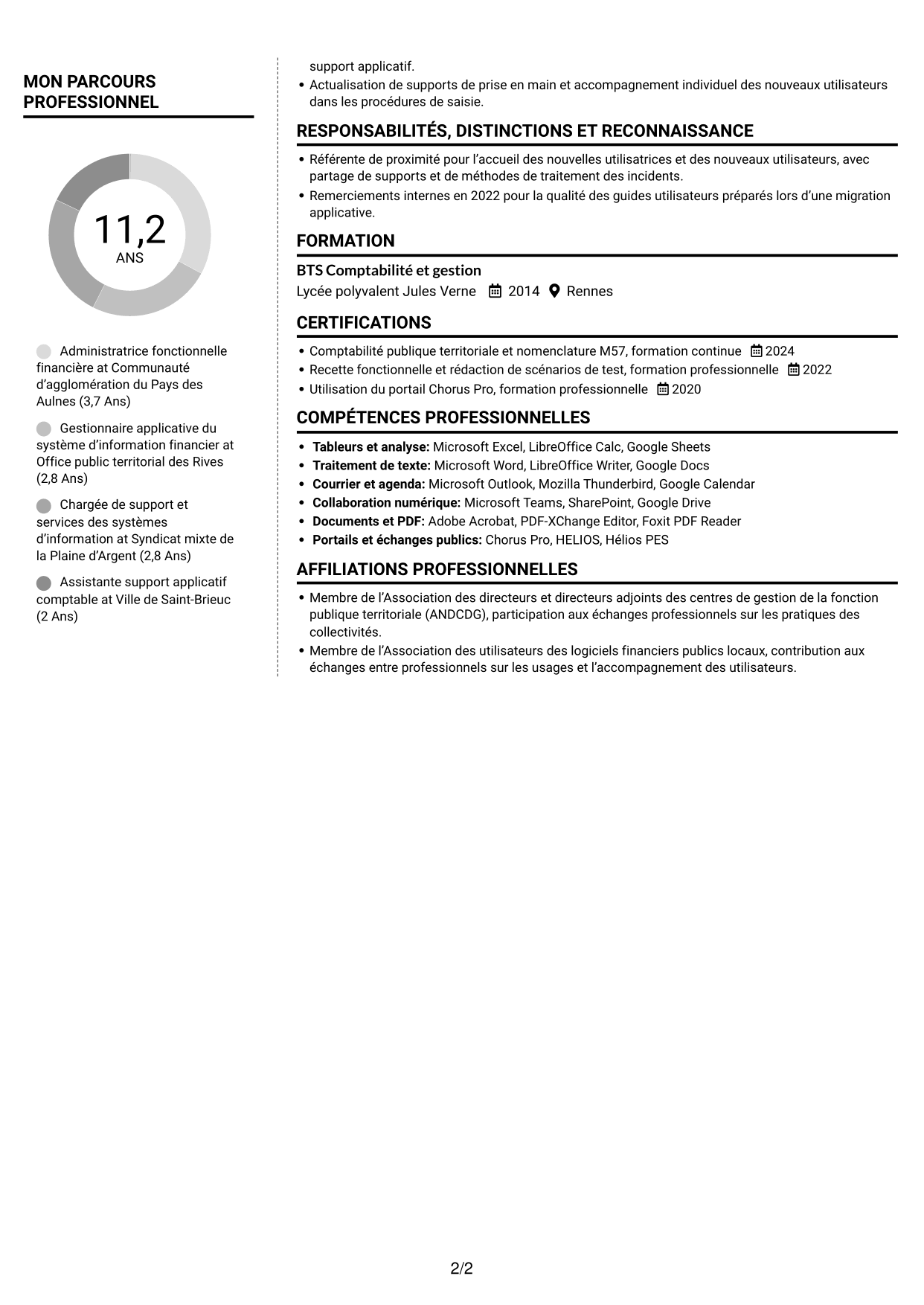CV Moderne (format à deux colonnes avec photo à gauche et séparateur) : Administrateur fonctionnel - SI financier, page 2