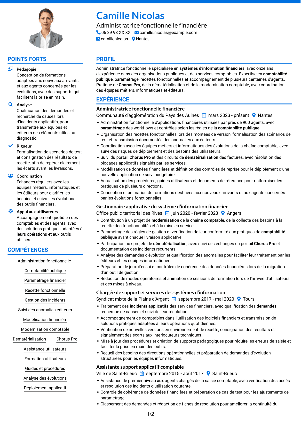 CV Audacieux (format à deux colonnes avec accents colorés et photo) : Administrateur fonctionnel - SI financier, page 1