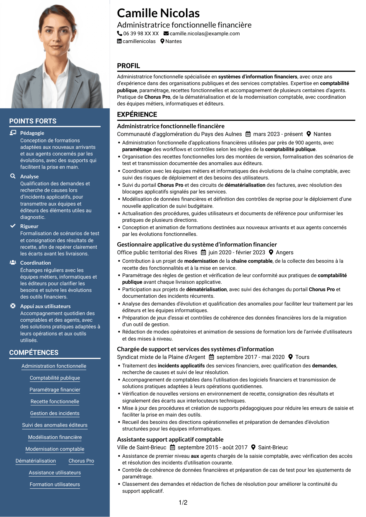 CV Signature (format à colonne latérale colorée avec grande photo) : Administrateur fonctionnel - SI financier, page 1