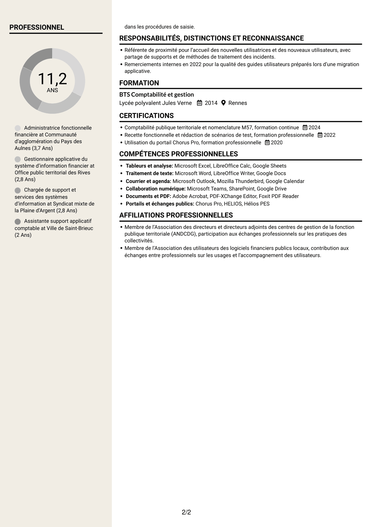 CV Fonceur (format à deux colonnes avec en-tête centré sans photo) : Administrateur fonctionnel - SI financier, page 2