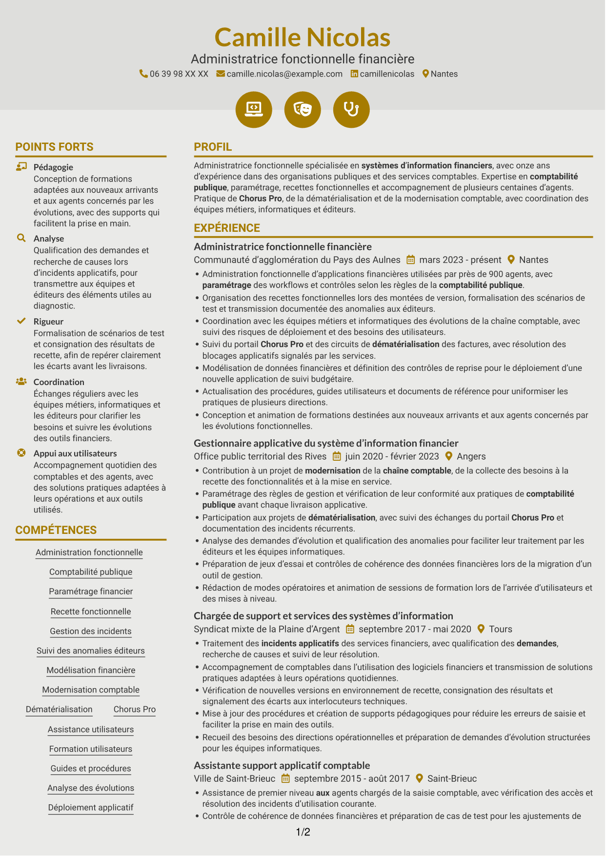 CV Dynamique (format à deux colonnes avec icônes) : Administrateur fonctionnel - SI financier, page 1