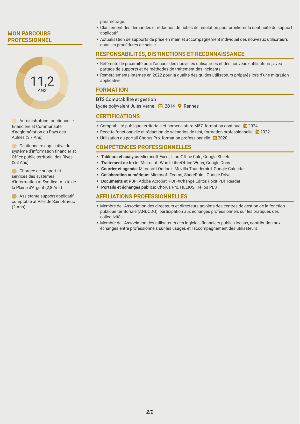 CV Dynamique (format à deux colonnes avec icônes) : Administrateur fonctionnel - SI financier, page 2