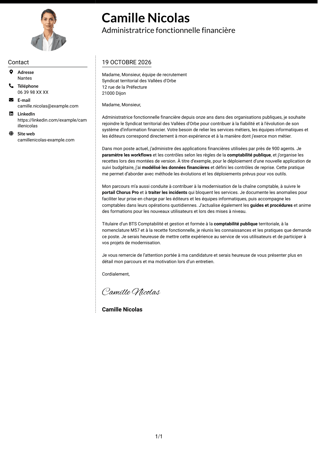 Lettre de motivation Moderne (format à deux colonnes avec photo à gauche et séparateur) : Administrateur fonctionnel - SI financier, page 1