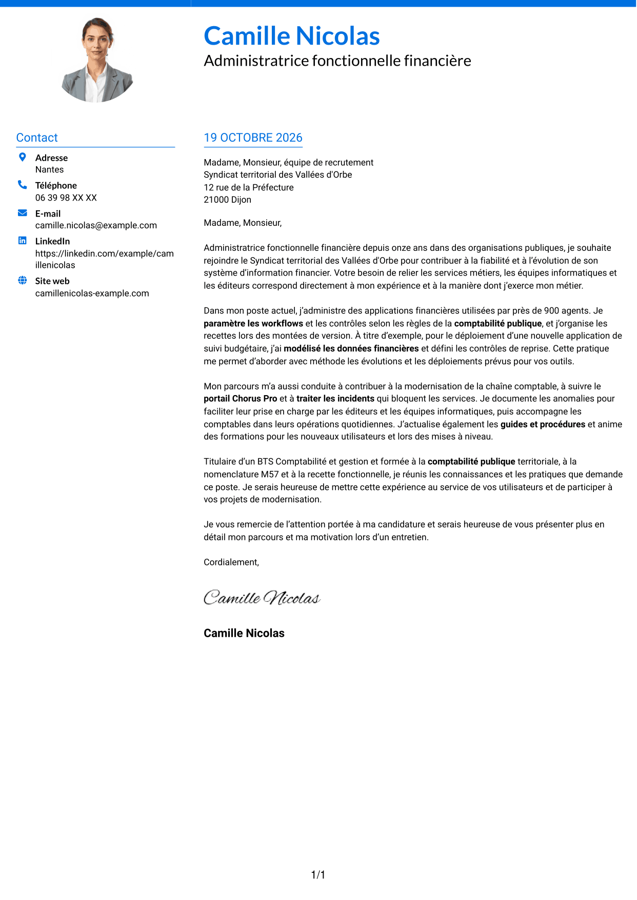 Lettre de motivation Audacieux (format à deux colonnes avec accents colorés et photo) : Administrateur fonctionnel - SI financier, page 1