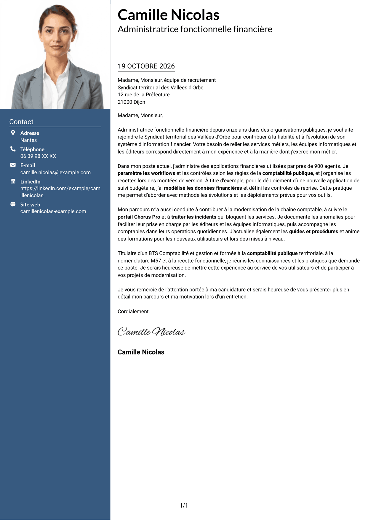 Lettre de motivation Signature (format à colonne latérale colorée avec grande photo) : Administrateur fonctionnel - SI financier, page 1