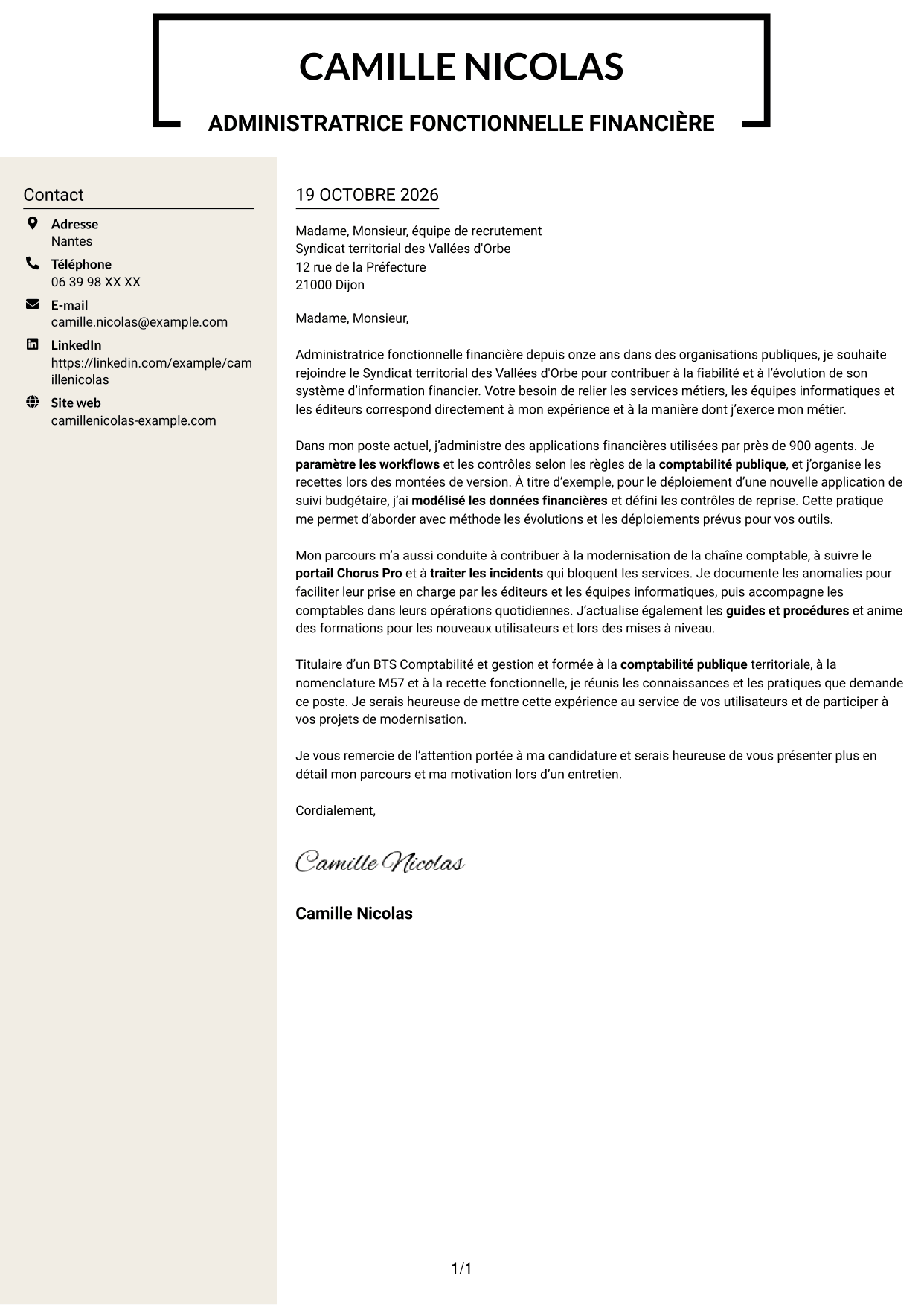 Lettre de motivation Fonceur (format à deux colonnes avec en-tête centré sans photo) : Administrateur fonctionnel - SI financier, page 1