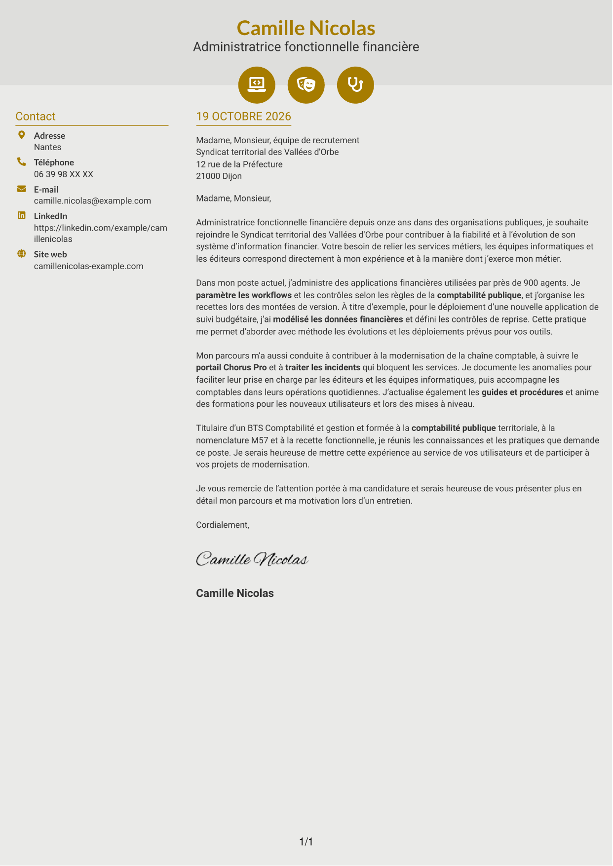 Lettre de motivation Dynamique (format à deux colonnes avec icônes) : Administrateur fonctionnel - SI financier, page 1