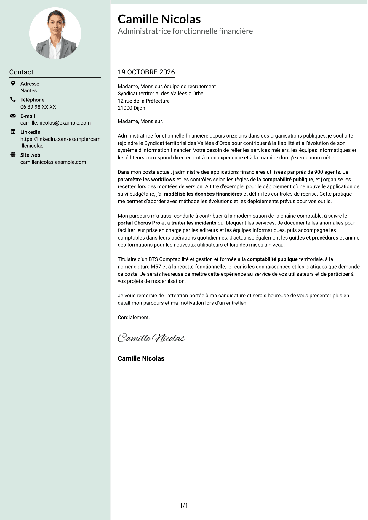 Lettre de motivation Cadre (format à colonne latérale douce avec photo arrondie) : Administrateur fonctionnel - SI financier, page 1