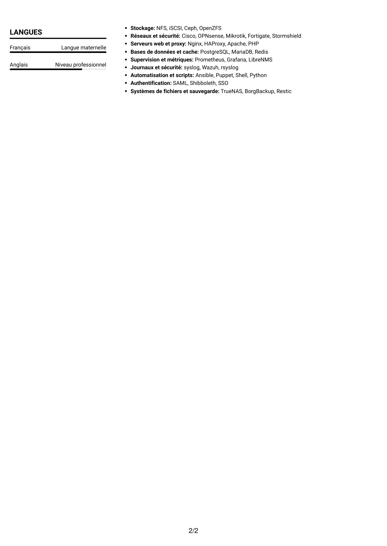 CV Compact (format sobre à deux colonnes avec photo) : Administrateur systèmes et réseaux - Infrastructures Linux et haute disponibilité, page 2