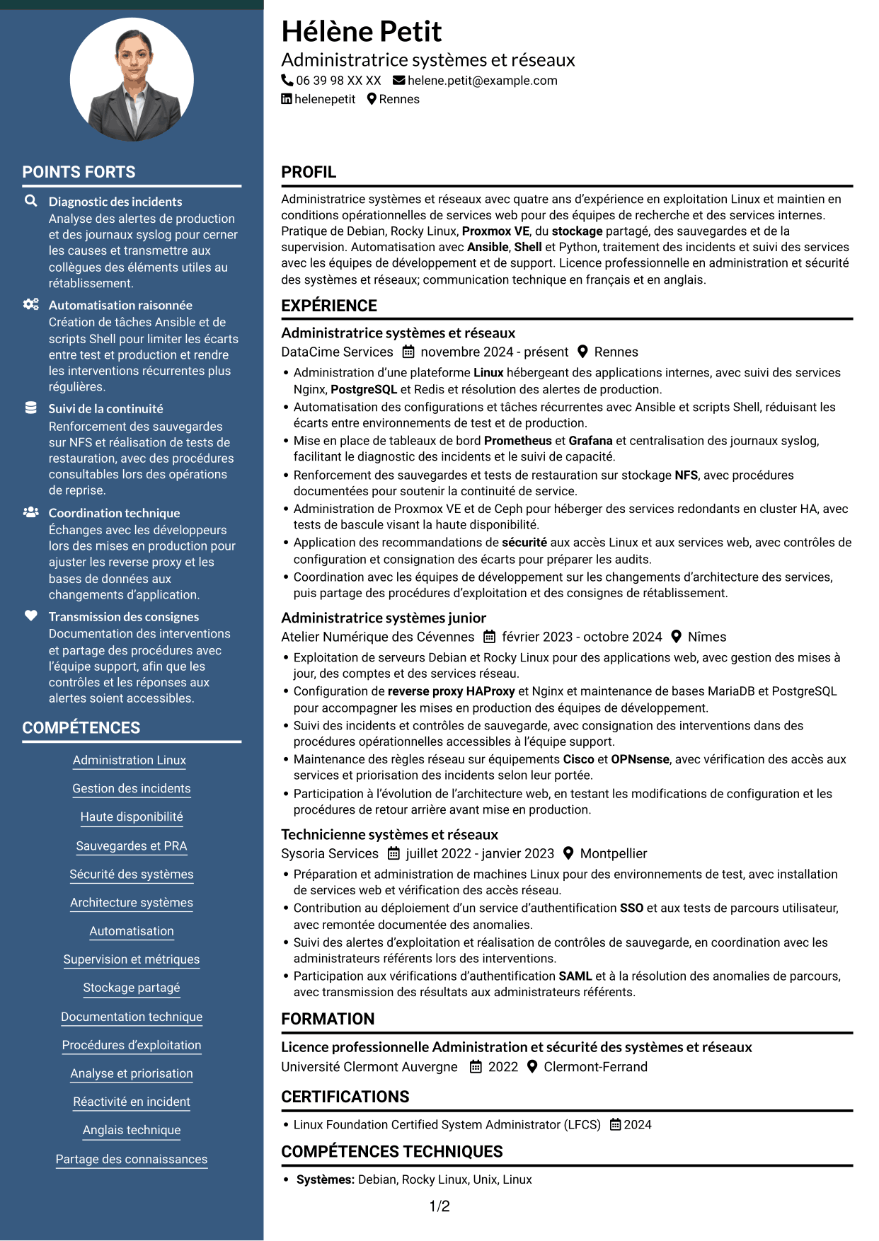CV Élégant (format à colonne latérale colorée avec photo) : Administrateur systèmes et réseaux - Infrastructures Linux et haute disponibilité, page 1