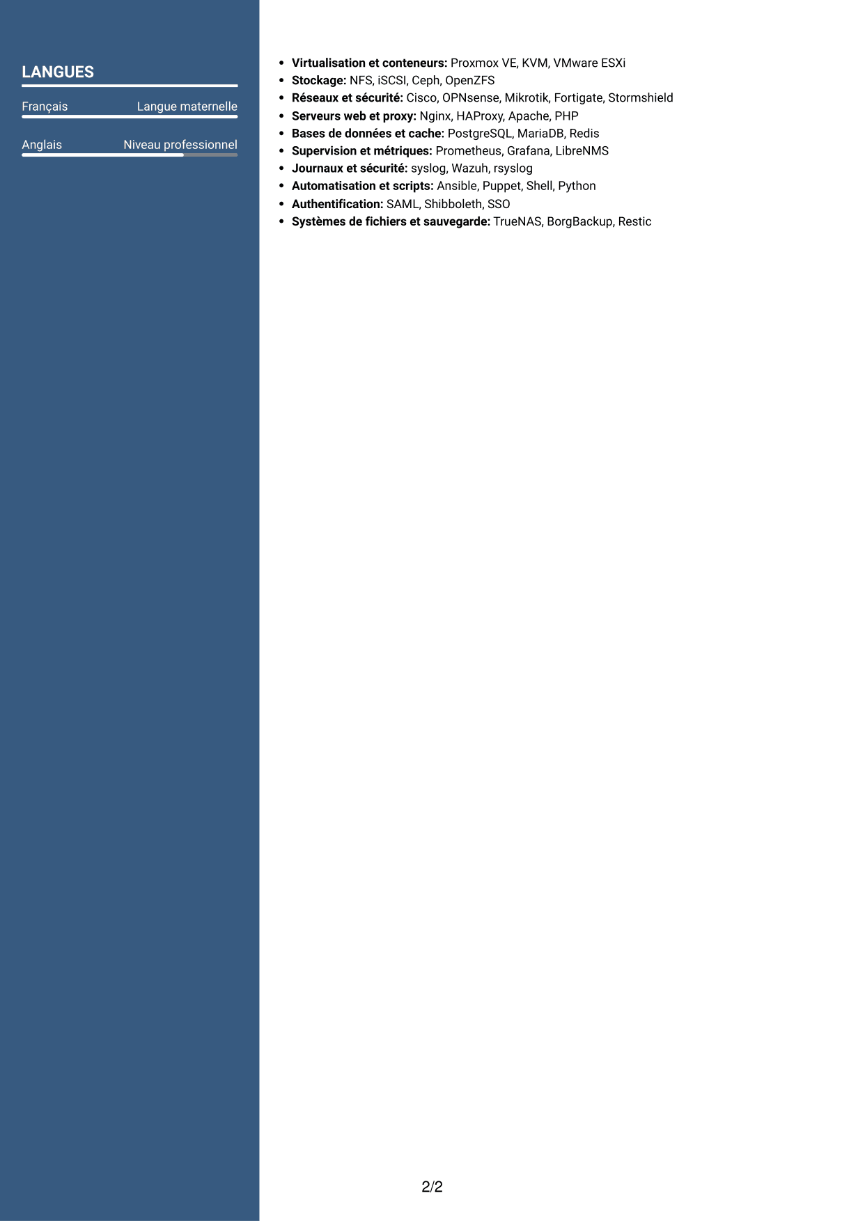 CV Élégant (format à colonne latérale colorée avec photo) : Administrateur systèmes et réseaux - Infrastructures Linux et haute disponibilité, page 2