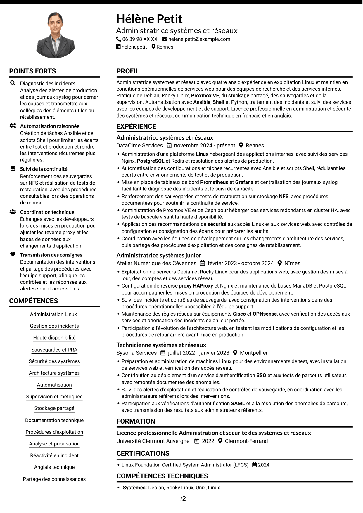 CV Moderne (format à deux colonnes avec photo à gauche et séparateur) : Administrateur systèmes et réseaux - Infrastructures Linux et haute disponibilité, page 1