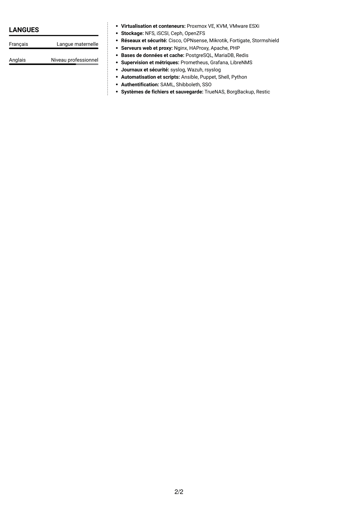 CV Moderne (format à deux colonnes avec photo à gauche et séparateur) : Administrateur systèmes et réseaux - Infrastructures Linux et haute disponibilité, page 2