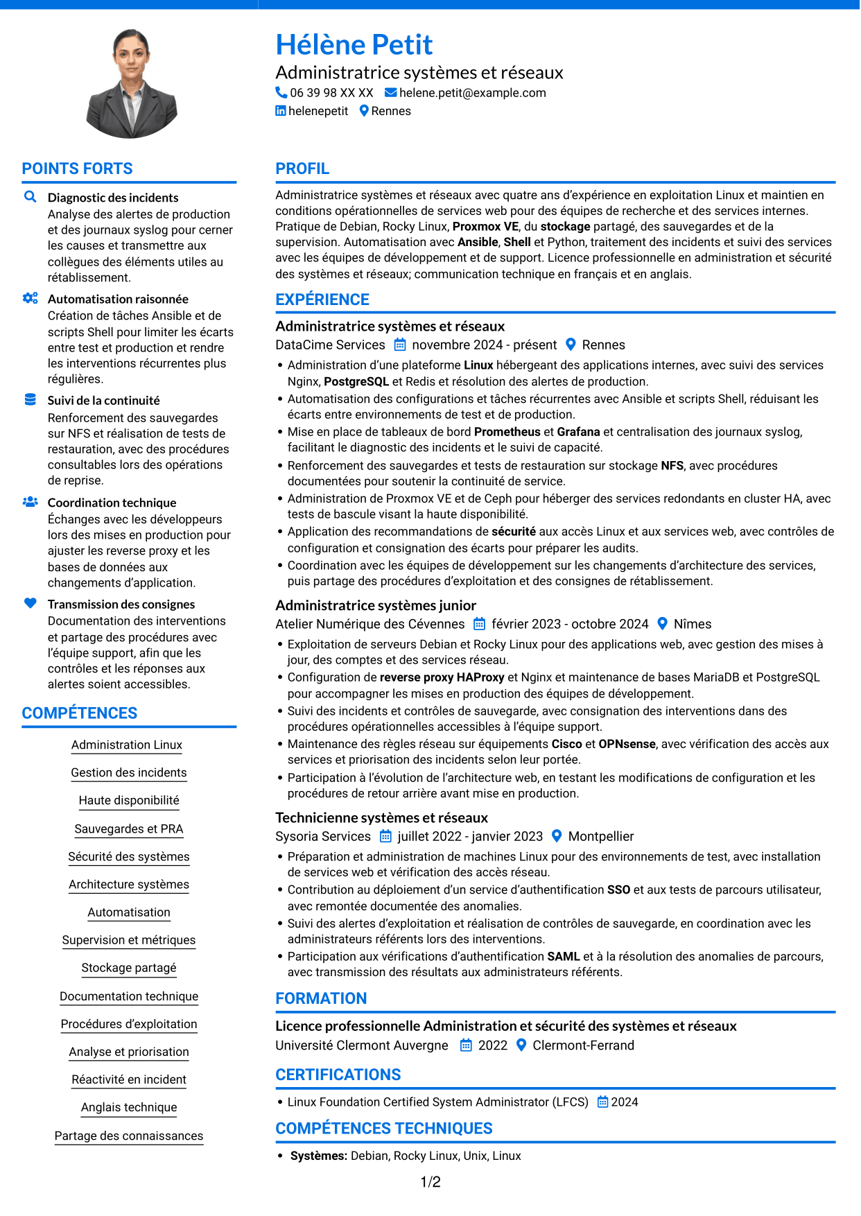 CV Audacieux (format à deux colonnes avec accents colorés et photo) : Administrateur systèmes et réseaux - Infrastructures Linux et haute disponibilité, page 1
