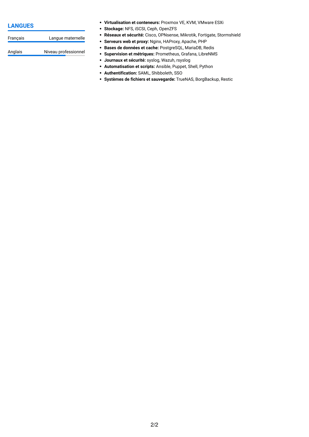 CV Audacieux (format à deux colonnes avec accents colorés et photo) : Administrateur systèmes et réseaux - Infrastructures Linux et haute disponibilité, page 2