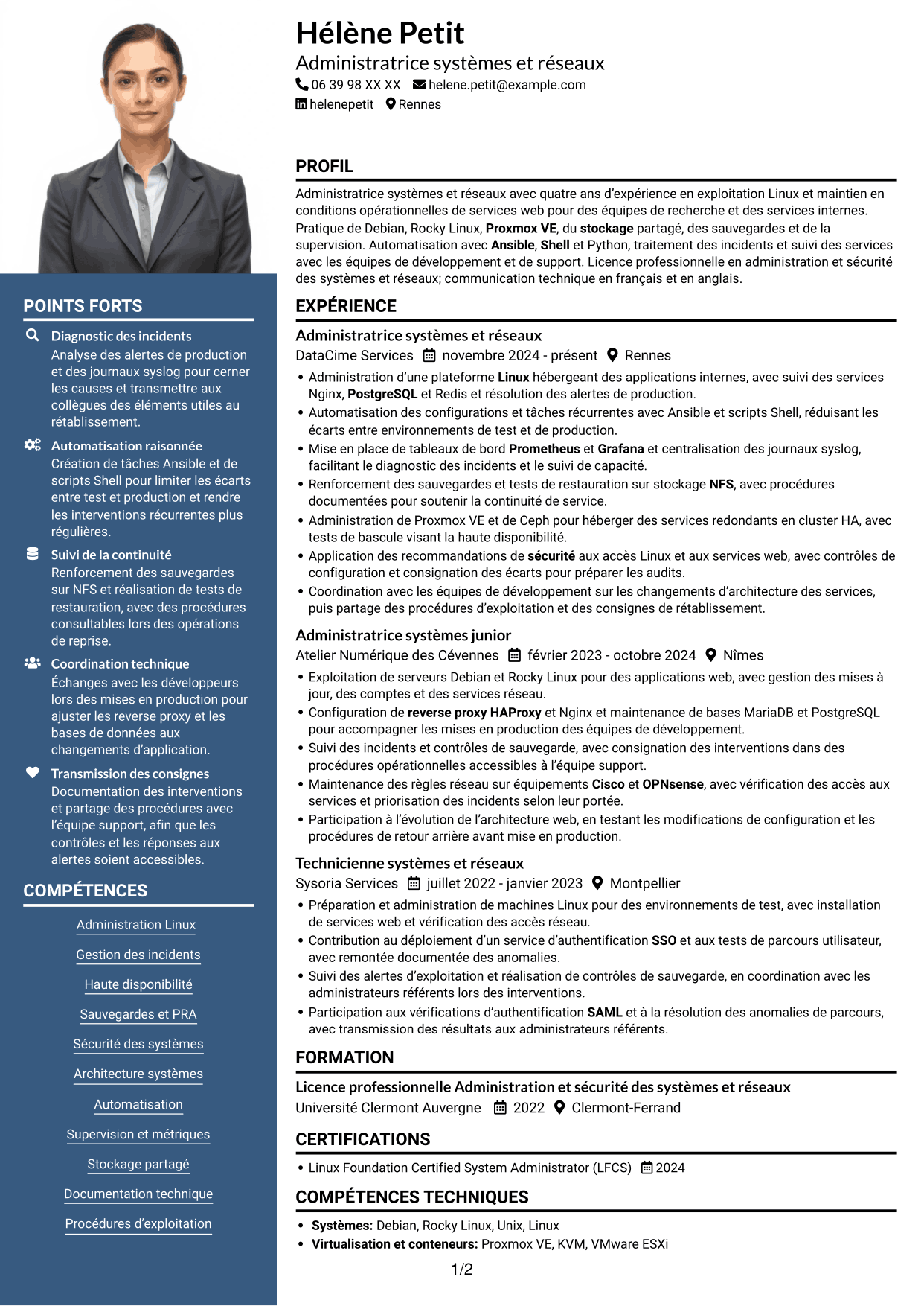 CV Signature (format à colonne latérale colorée avec grande photo) : Administrateur systèmes et réseaux - Infrastructures Linux et haute disponibilité, page 1