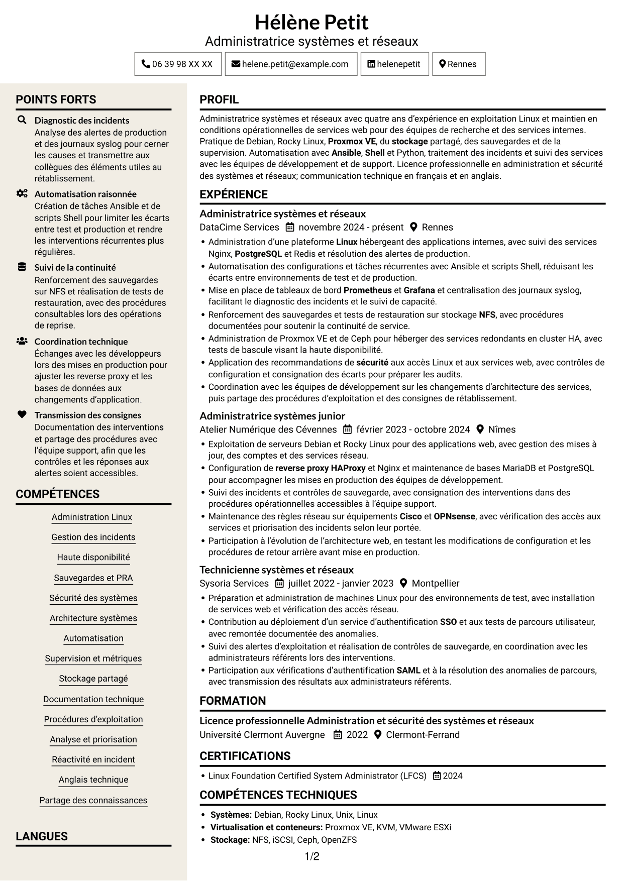CV Fonceur (format à deux colonnes avec en-tête centré sans photo) : Administrateur systèmes et réseaux - Infrastructures Linux et haute disponibilité, page 1
