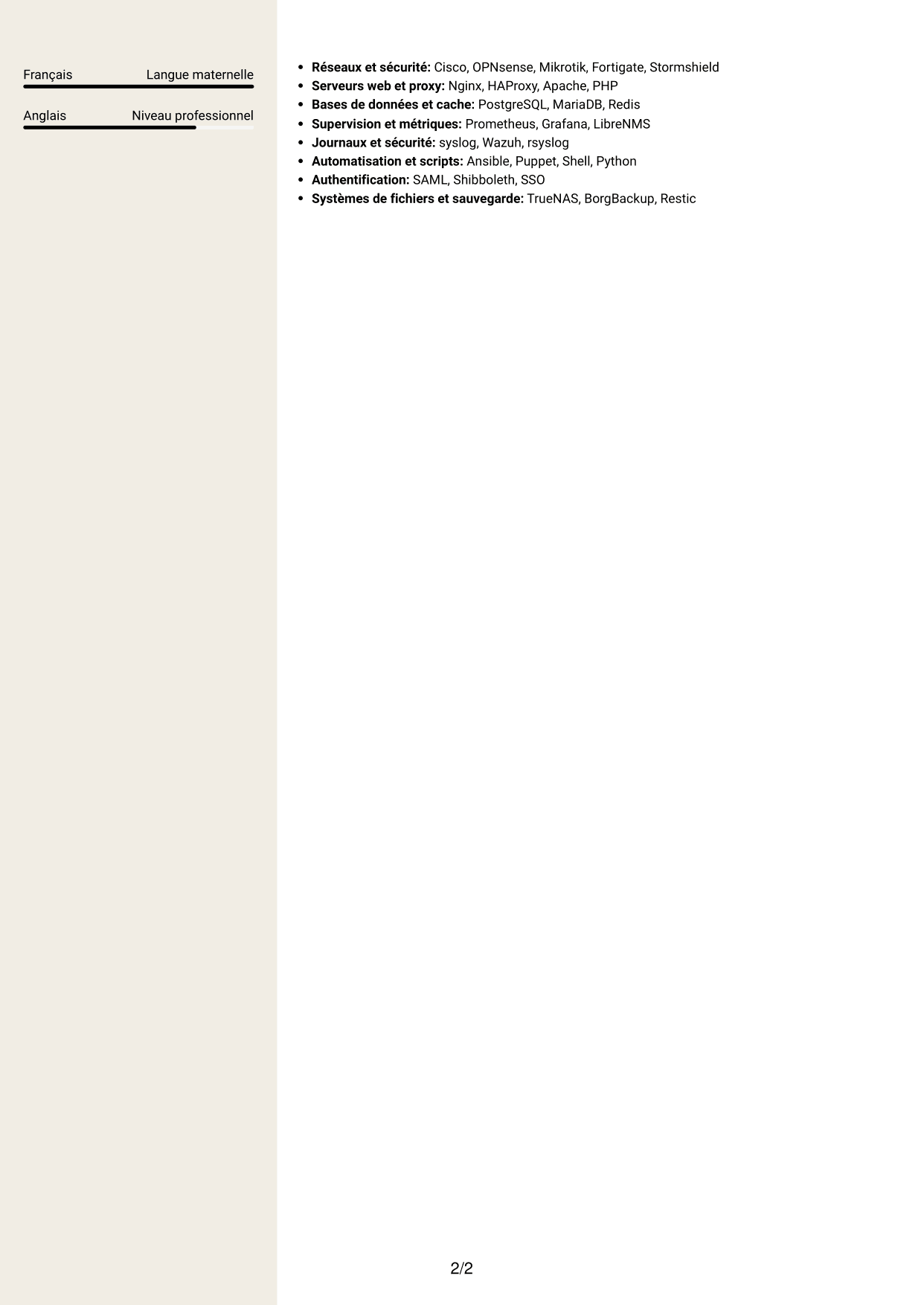CV Fonceur (format à deux colonnes avec en-tête centré sans photo) : Administrateur systèmes et réseaux - Infrastructures Linux et haute disponibilité, page 2