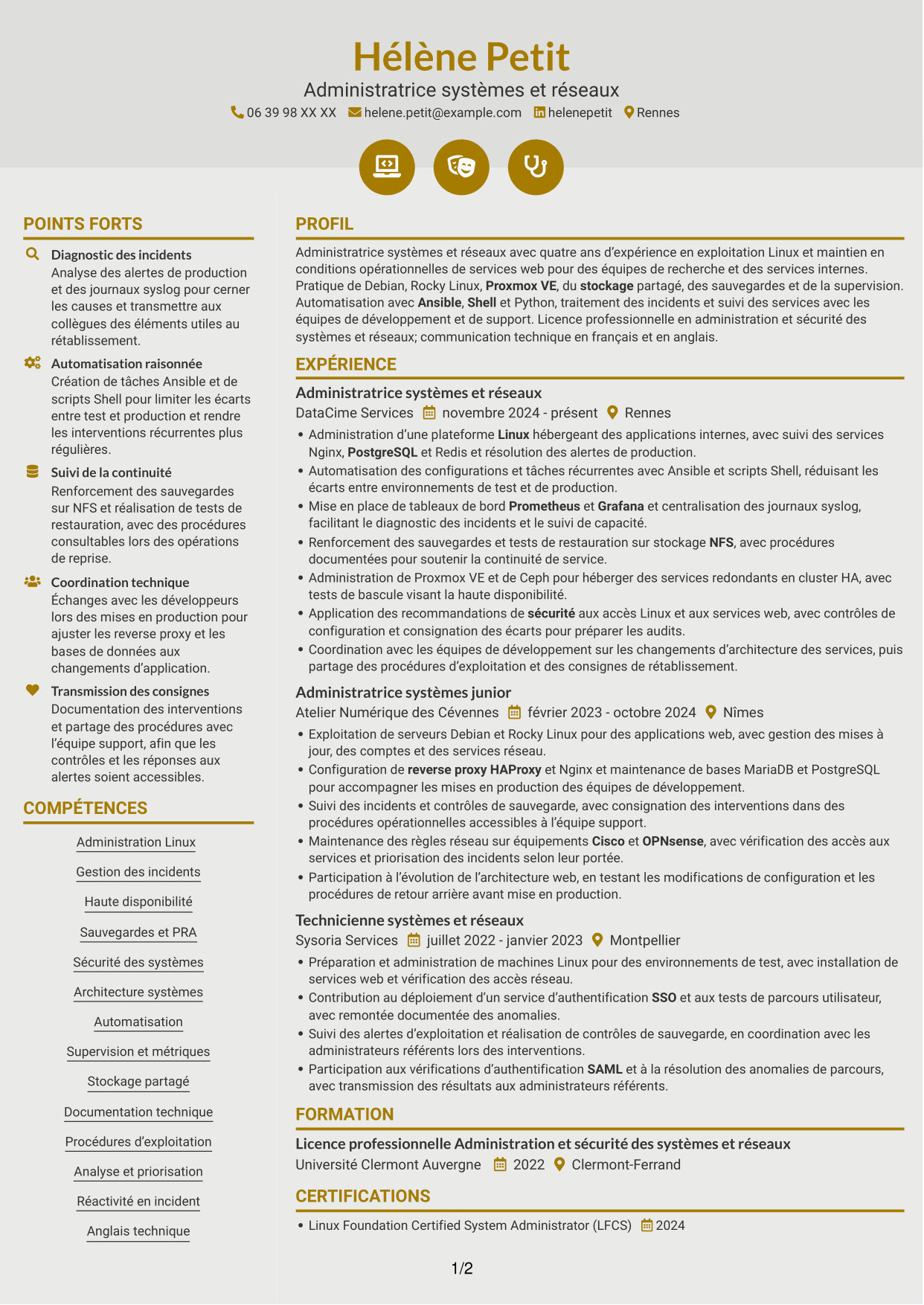 CV Dynamique (format à deux colonnes avec icônes) : Administrateur systèmes et réseaux - Infrastructures Linux et haute disponibilité, page 1