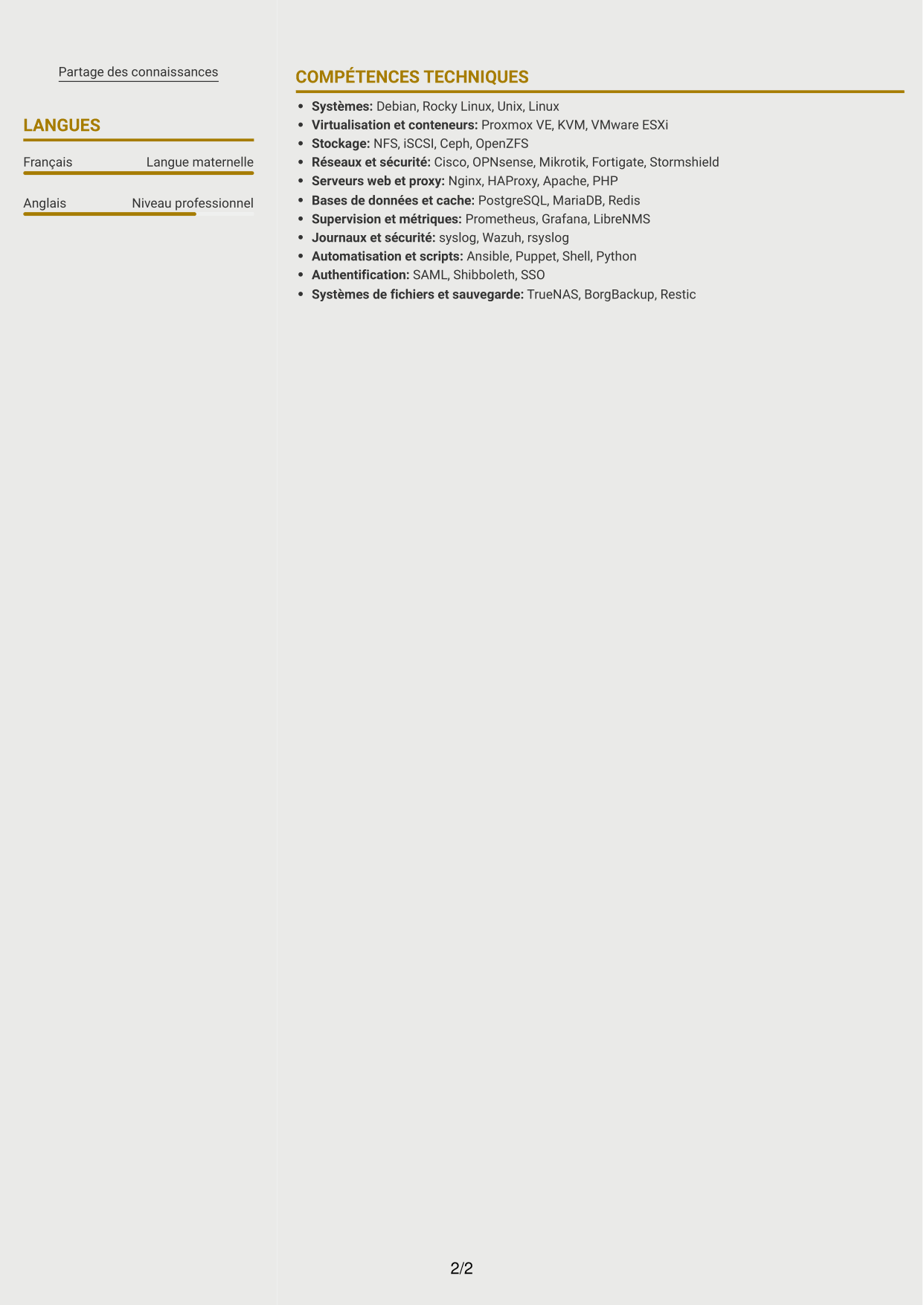 CV Dynamique (format à deux colonnes avec icônes) : Administrateur systèmes et réseaux - Infrastructures Linux et haute disponibilité, page 2
