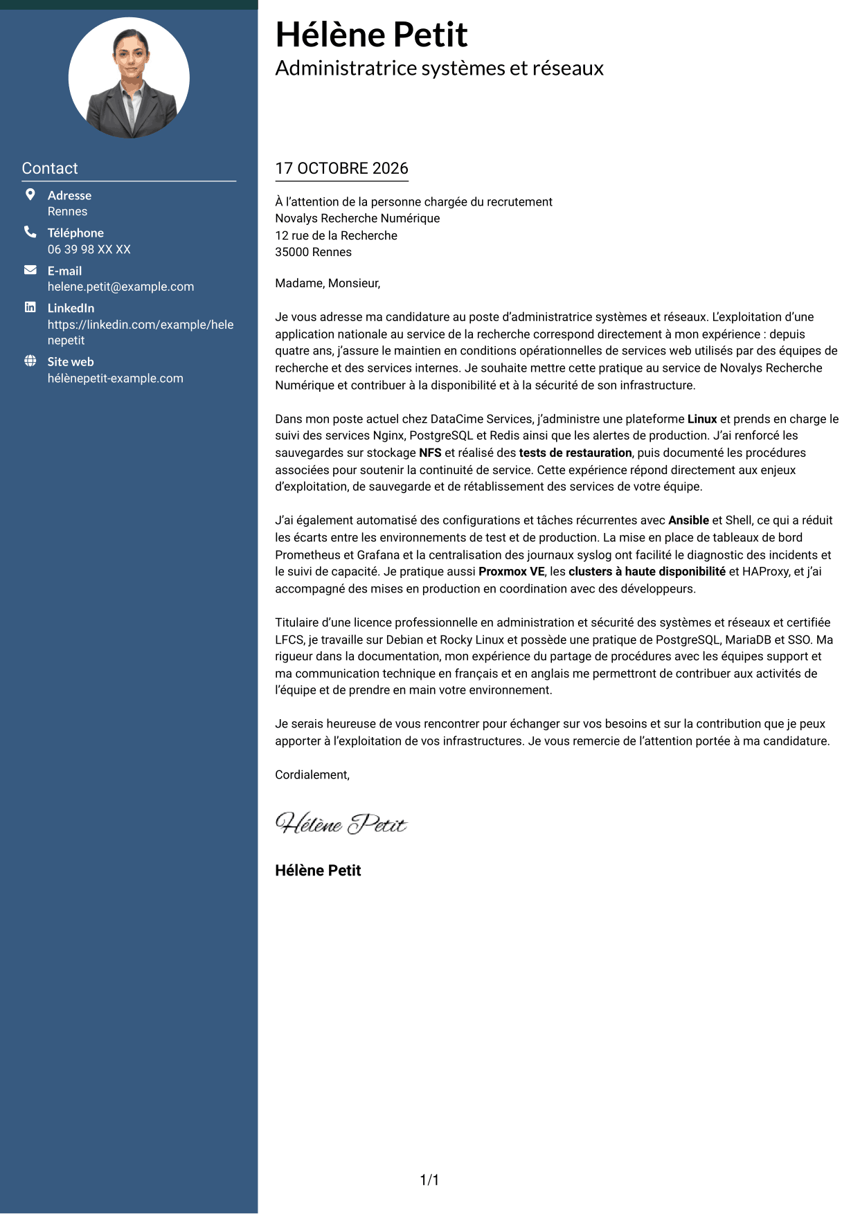 Lettre de motivation Élégant (format à colonne latérale colorée avec photo) : Administrateur systèmes et réseaux - Infrastructures Linux et haute disponibilité, page 1