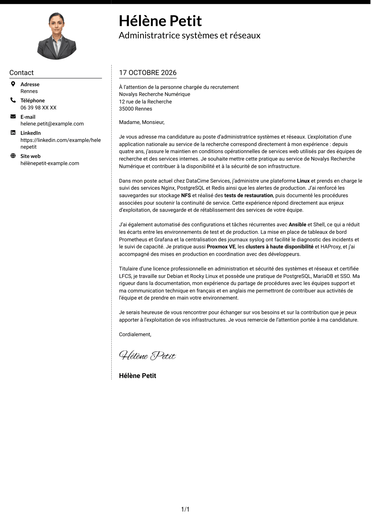Lettre de motivation Moderne (format à deux colonnes avec photo à gauche et séparateur) : Administrateur systèmes et réseaux - Infrastructures Linux et haute disponibilité, page 1