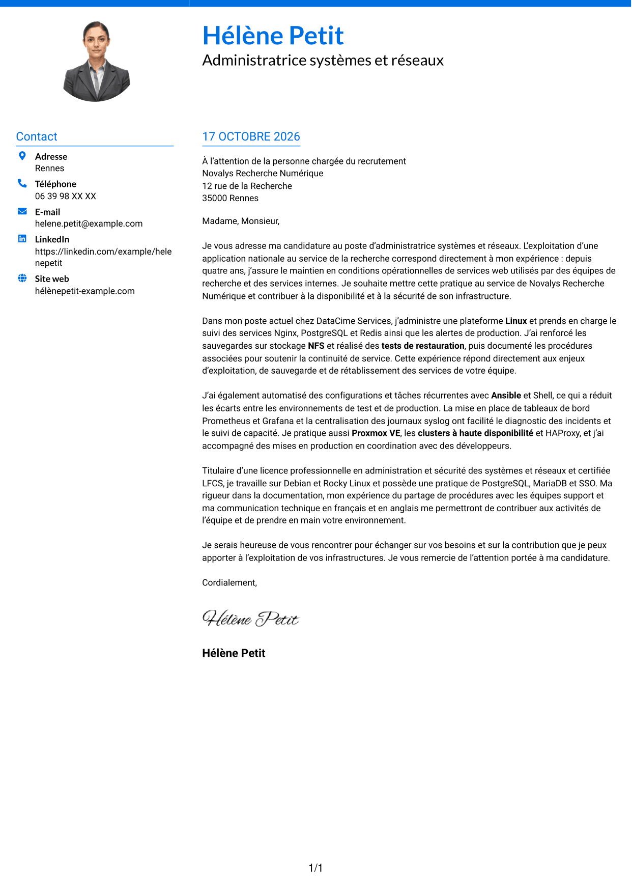 Lettre de motivation Audacieux (format à deux colonnes avec accents colorés et photo) : Administrateur systèmes et réseaux - Infrastructures Linux et haute disponibilité, page 1