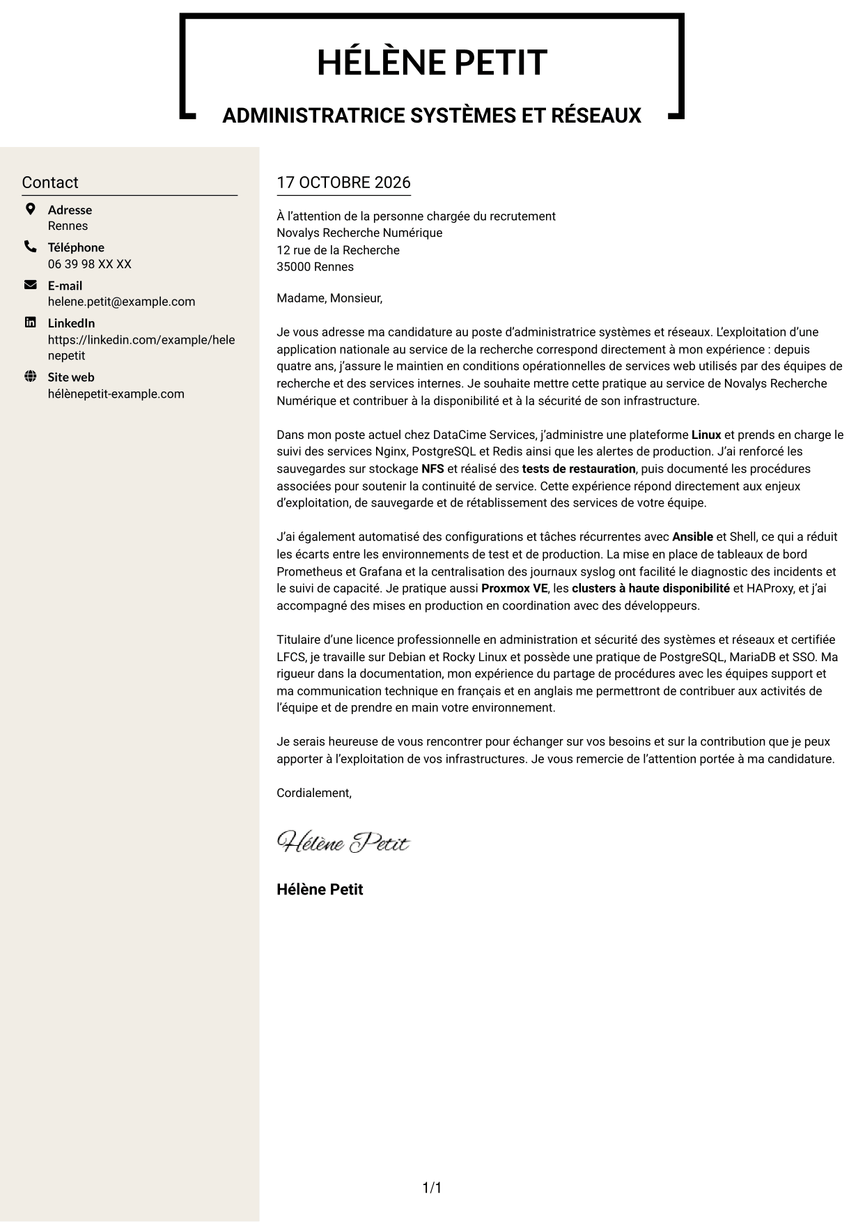 Lettre de motivation Fonceur (format à deux colonnes avec en-tête centré sans photo) : Administrateur systèmes et réseaux - Infrastructures Linux et haute disponibilité, page 1