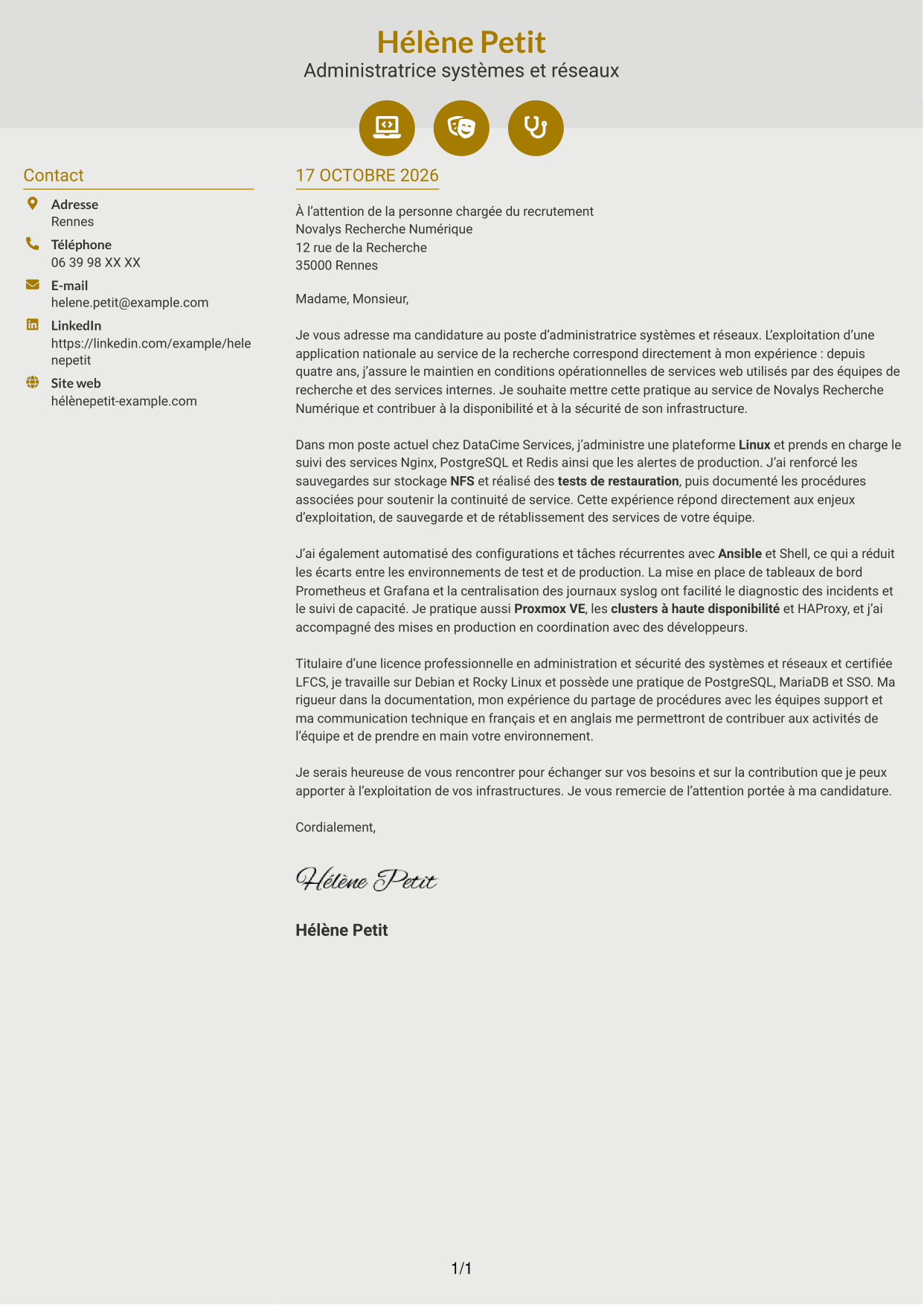 Lettre de motivation Dynamique (format à deux colonnes avec icônes) : Administrateur systèmes et réseaux - Infrastructures Linux et haute disponibilité, page 1