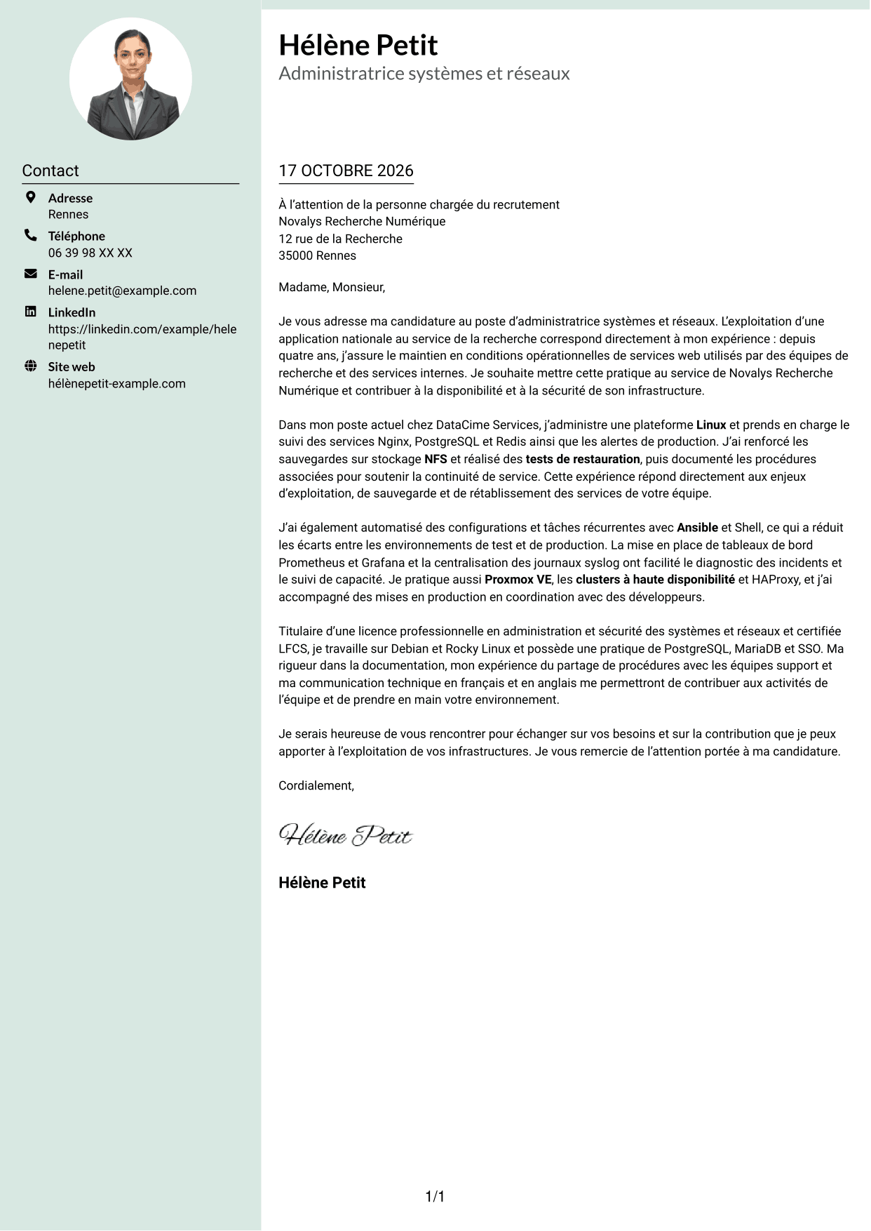 Lettre de motivation Cadre (format à colonne latérale douce avec photo arrondie) : Administrateur systèmes et réseaux - Infrastructures Linux et haute disponibilité, page 1