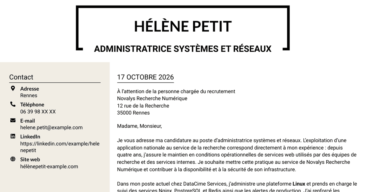 7 modèles de lettre de motivation pour Administrateur systèmes et réseaux - Infrastructures Linux et haute disponibilité, avec exemples