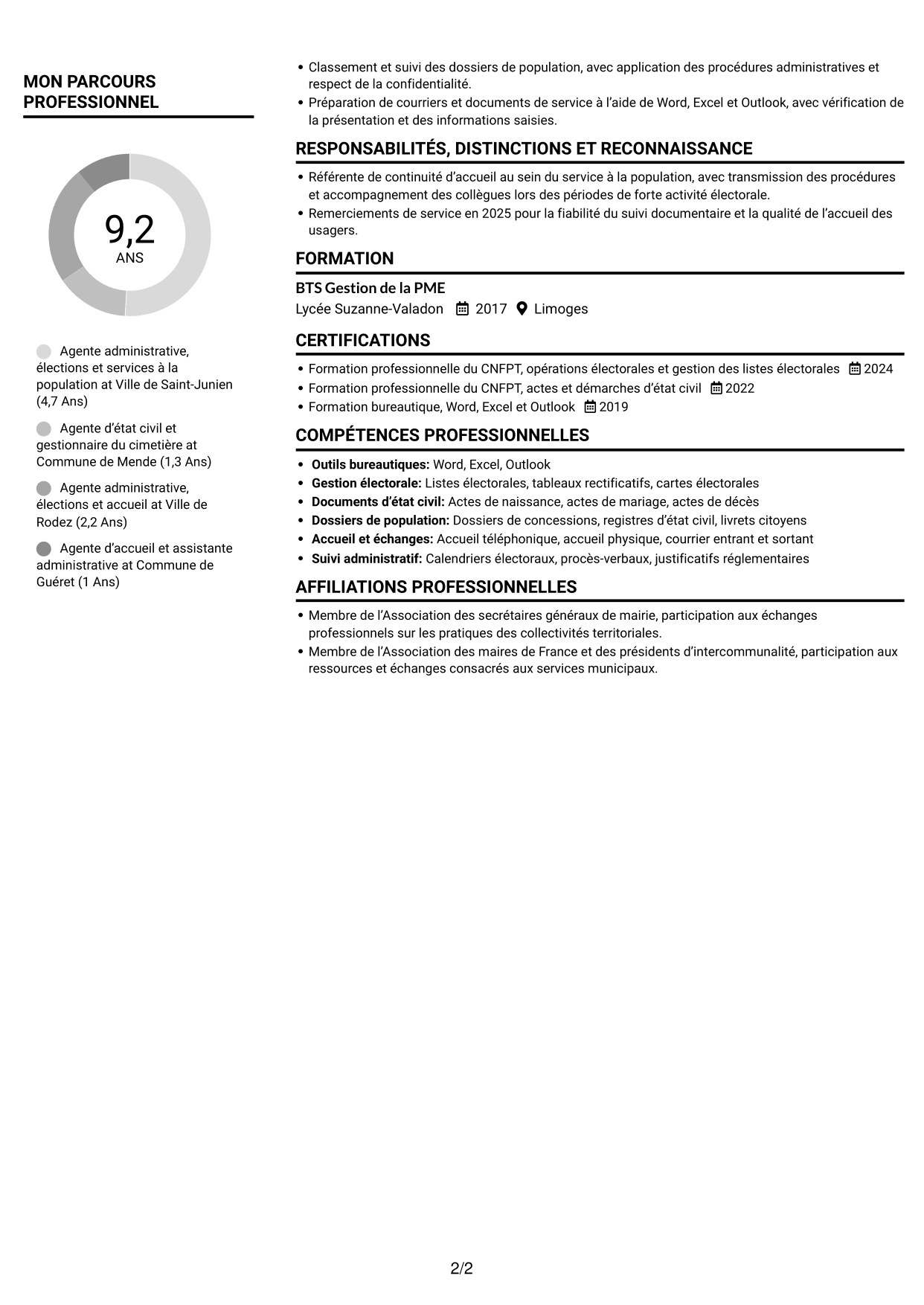 CV Compact (format sobre à deux colonnes avec photo) : Agent administratif - Élections et état civil, page 2