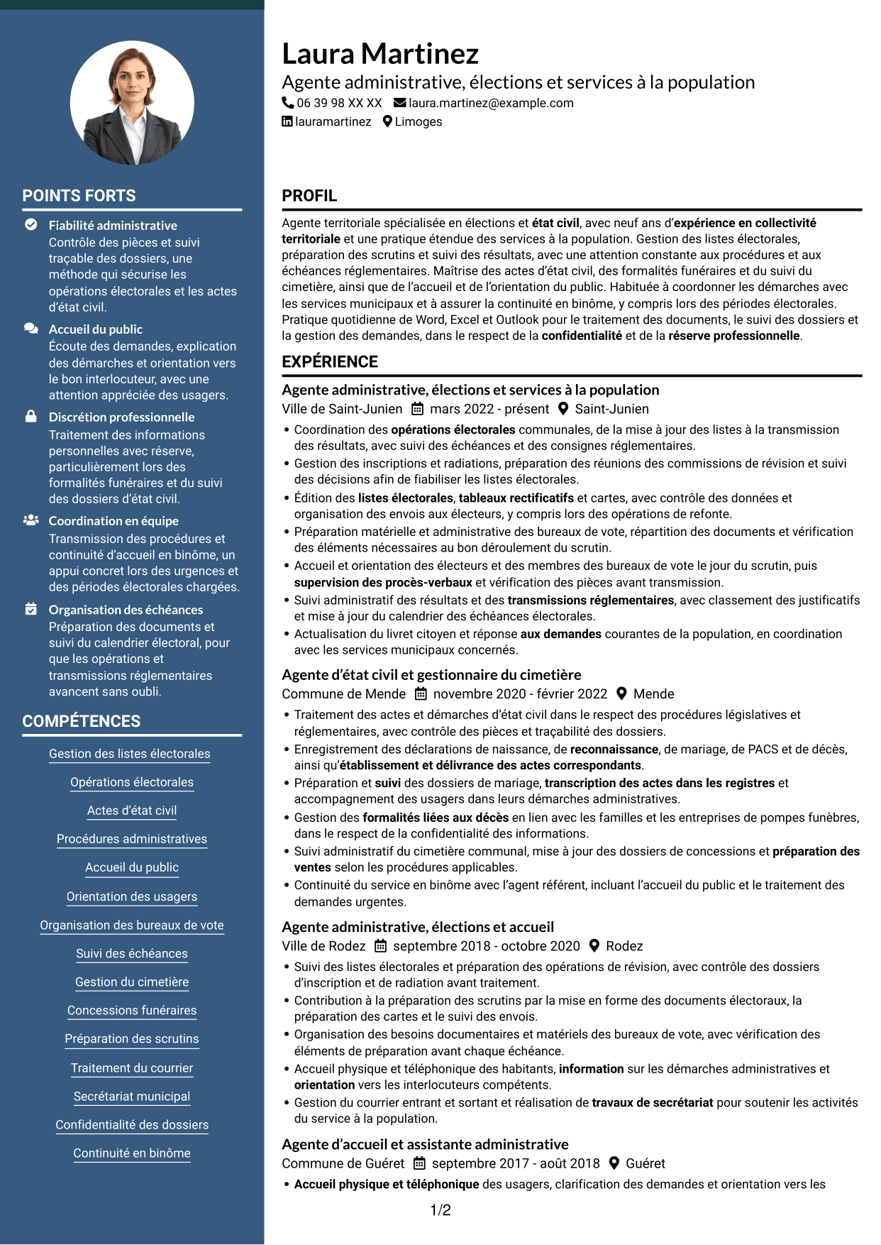 CV Élégant (format à colonne latérale colorée avec photo) : Agent administratif - Élections et état civil, page 1