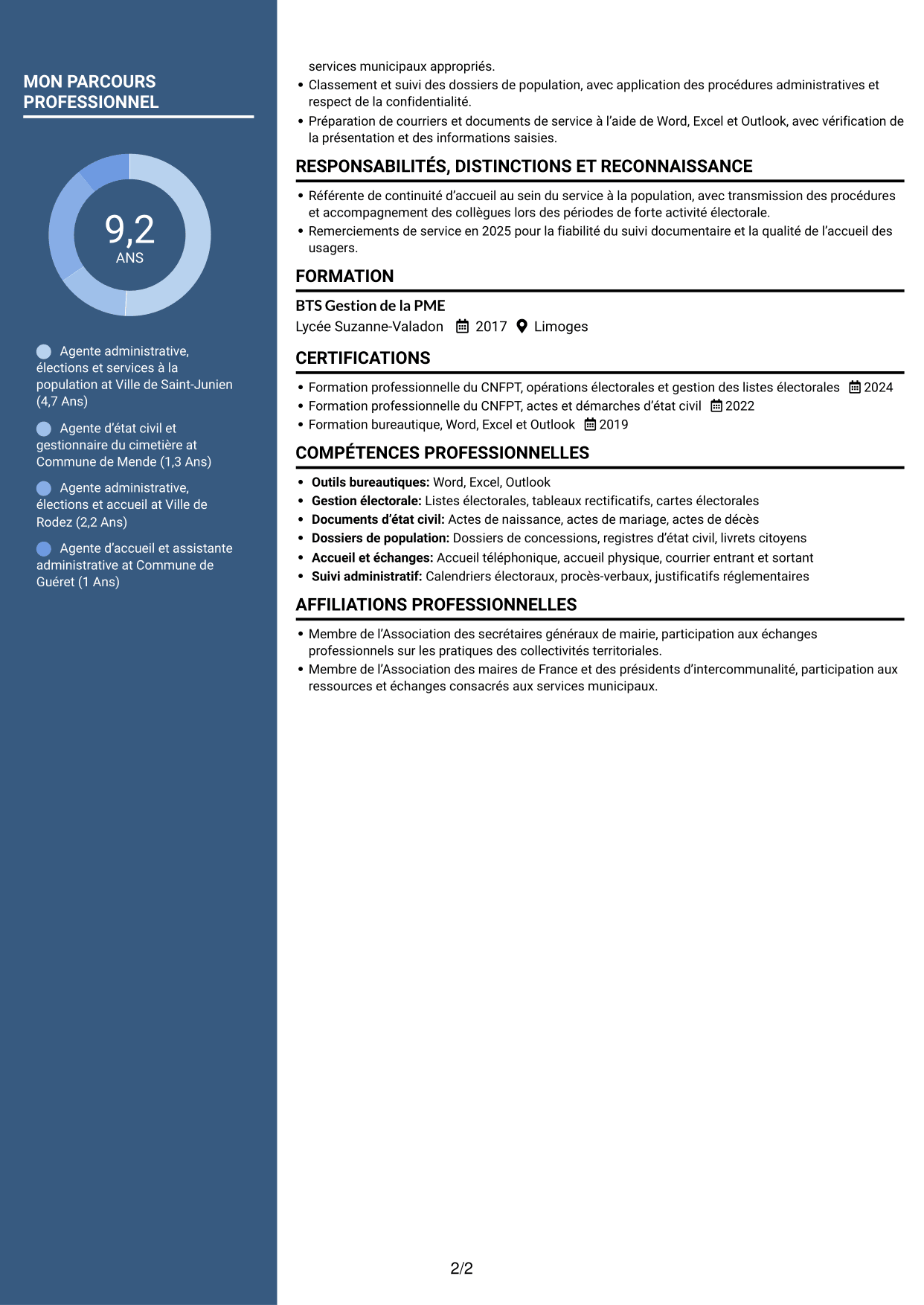 CV Élégant (format à colonne latérale colorée avec photo) : Agent administratif - Élections et état civil, page 2