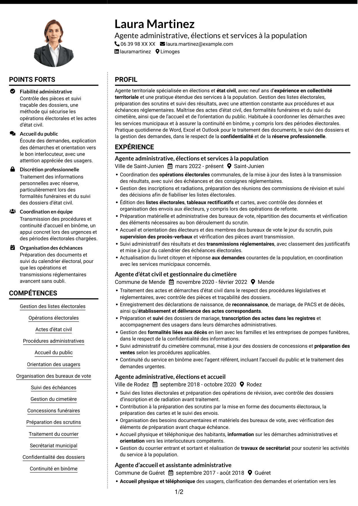 CV Moderne (format à deux colonnes avec photo à gauche et séparateur) : Agent administratif - Élections et état civil, page 1