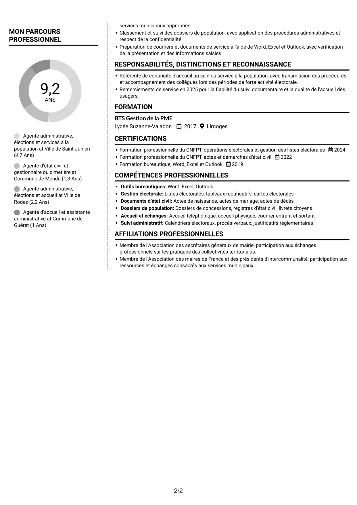 CV Moderne (format à deux colonnes avec photo à gauche et séparateur) : Agent administratif - Élections et état civil, page 2