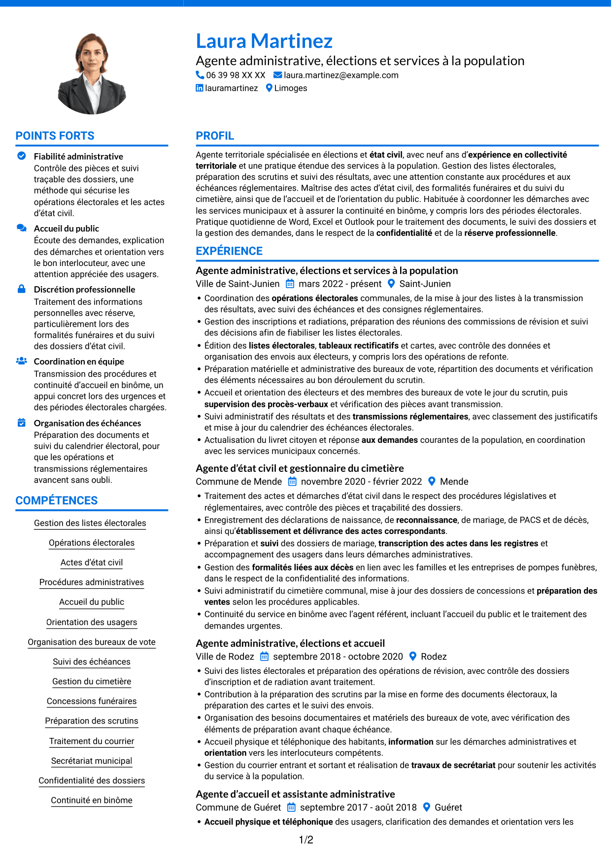 CV Audacieux (format à deux colonnes avec accents colorés et photo) : Agent administratif - Élections et état civil, page 1