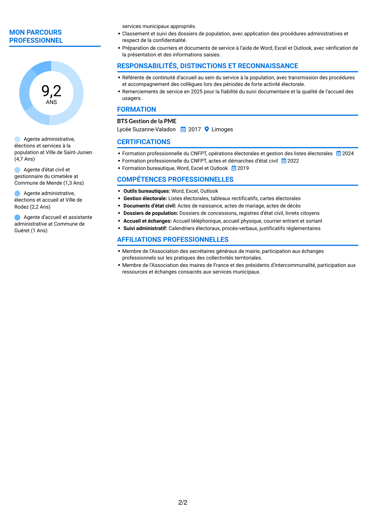 CV Audacieux (format à deux colonnes avec accents colorés et photo) : Agent administratif - Élections et état civil, page 2