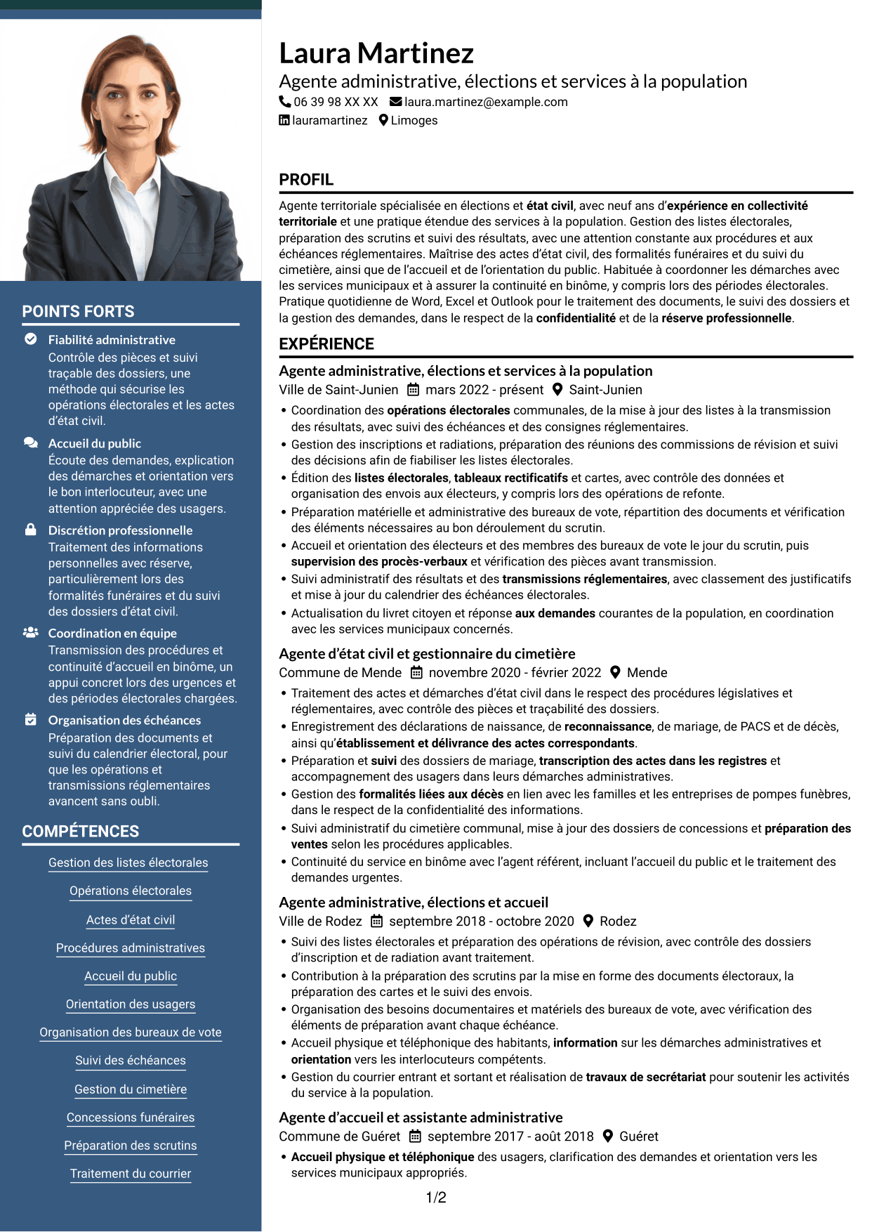 CV Signature (format à colonne latérale colorée avec grande photo) : Agent administratif - Élections et état civil, page 1
