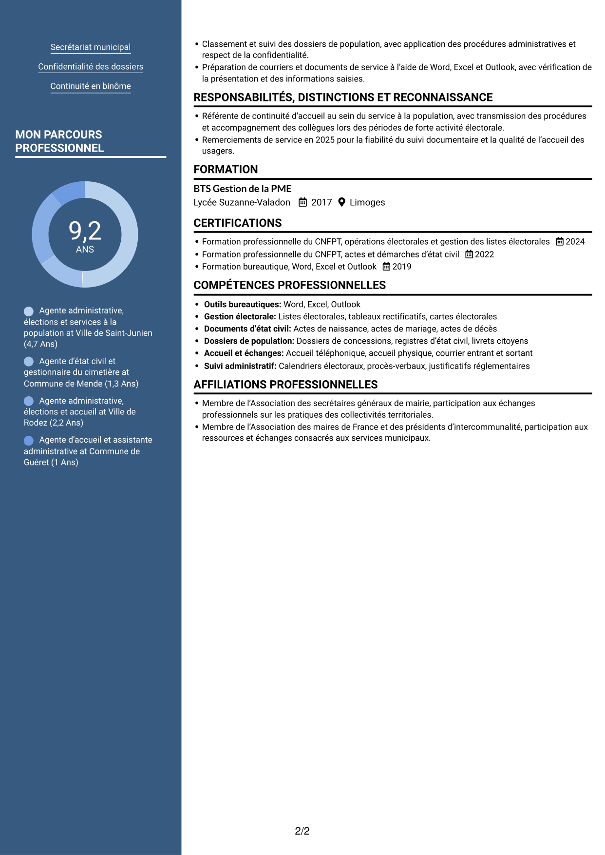 CV Signature (format à colonne latérale colorée avec grande photo) : Agent administratif - Élections et état civil, page 2