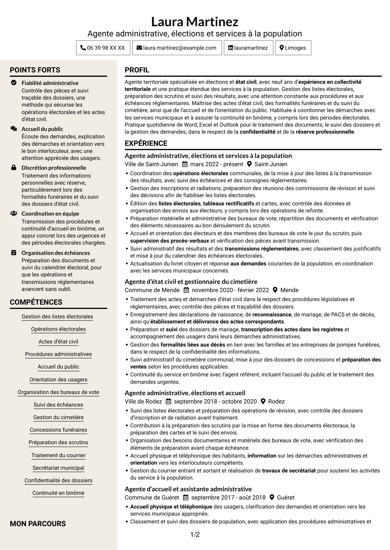 CV Fonceur (format à deux colonnes avec en-tête centré sans photo) : Agent administratif - Élections et état civil, page 1