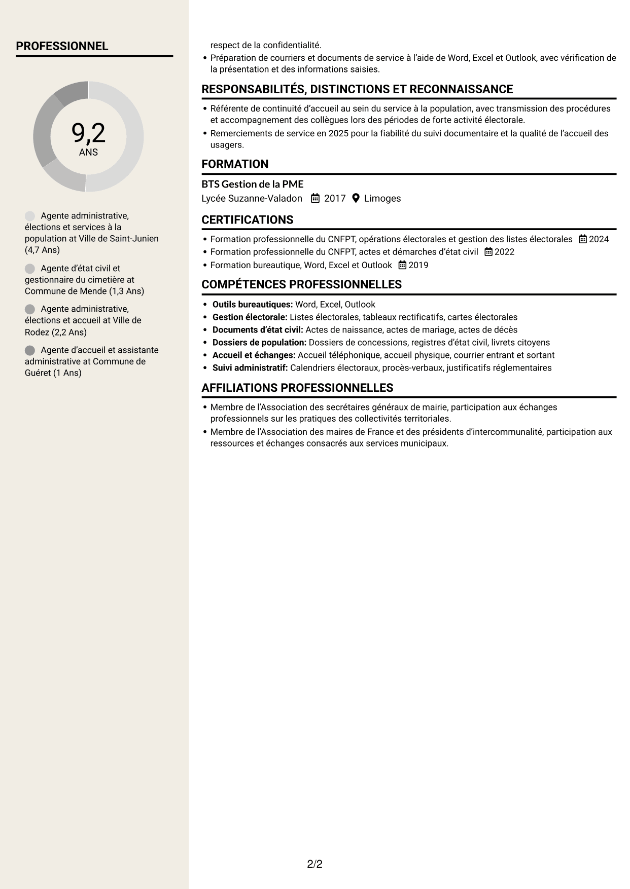 CV Fonceur (format à deux colonnes avec en-tête centré sans photo) : Agent administratif - Élections et état civil, page 2